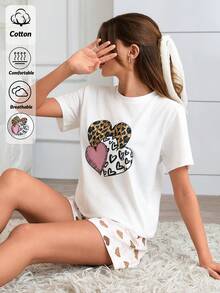 SHEIN Cottonline Women 2 Pcs Heart & Leopard Patterned Short Sleeve Round Neck Sleep Tee + Heart Leopard Patterned Shorts Sleep Bottom Casual Pajama Lounge Sets - Multicolor - View 3