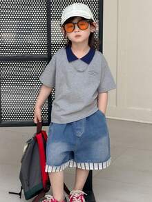 DAZY Young Boy Contrast Color Collar Short Sleeve Casual Loose T-Shirt Summer - Grey - View 4