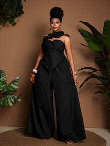 Maweii Bộ jumpsuit ống rộng màu đen xếp ly kiểu retro gợi cảm dành cho người có thân hình đầy đặn. - màu đen - Xem 3