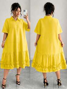 Elenzga 大码女式纯色短袖衬衫领荷叶边下摆休闲度假连衣裙 100% 女装 大码春季连衣裙 新款女式连衣裙 休闲亚麻大码连衣裙 大码女式夏季服装 - 黃色 - 查看 2