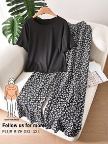 CosyJoli Bộ quần áo thường ngày cỡ lớn dành cho nữ, bộ 2 mảnh dành cho nữ, trang phục thường ngày mùa hè họa tiết hoa nhí. - màu đen - Xem 3