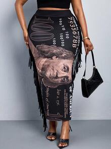 SHEIN PETITE CURVE 大码夏季时尚美元印花流苏装饰裙 - 彩色 - 查看 4