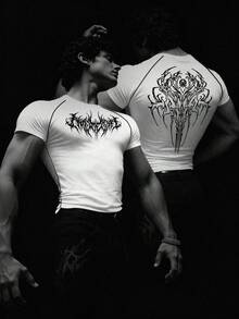 RISE LYT 男士哥特印花插肩短袖修身运动T恤图案压缩衣健身服男士压缩衣 - 白色 - 查看 1