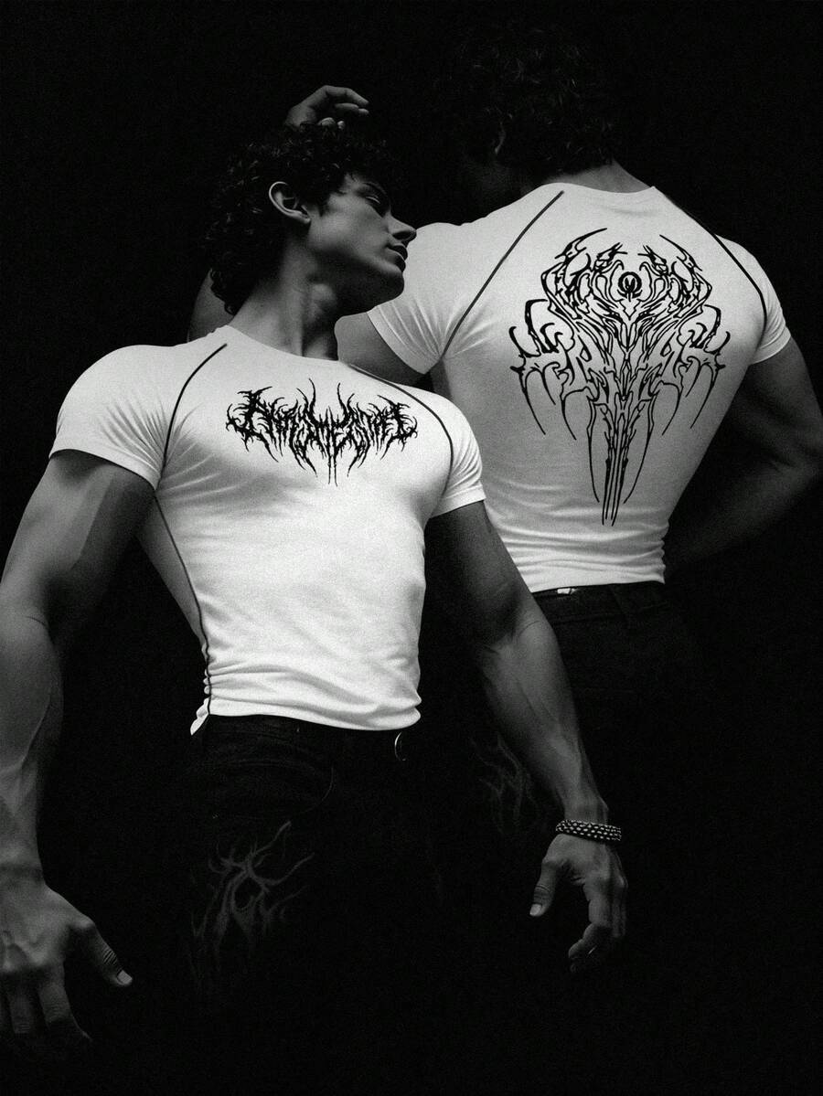 RISE LYT 男士哥特印花插肩短袖修身运动T恤图案压缩衣健身服男士压缩衣 - 白色 - 查看 1