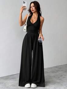 SHEIN MOOSTA 女士休闲蕾丝拼接连体裤，春夏款 - 黑色 - 查看 4