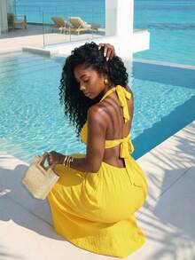 Slaydiva 优雅、浪漫又性感的连衣裙，完美适用于春夏度假、海滩派对、约会、生日派对、婚礼和游艇之旅。采用露背吊带、抹胸、低胸设计，以及飘逸的A字廓形。 - 黃色 - 查看 3