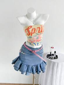 Elamini 女士迷你牛仔层叠裙 - 藍色 - 查看 3