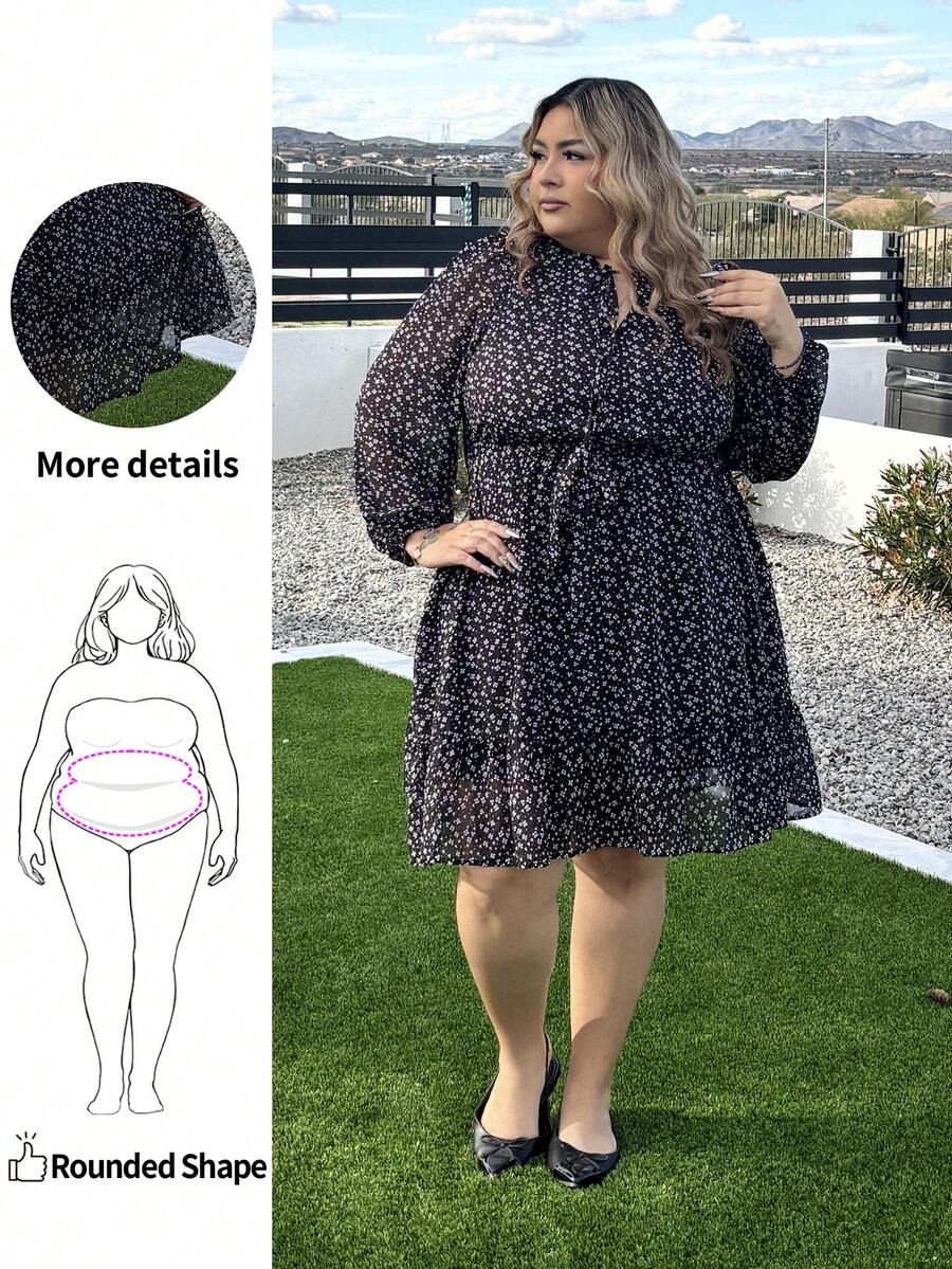 Enliva Đầm dáng rộng tay phồng, cổ buộc dây, họa tiết hoa nhí, viền bèo nhún, dành cho nữ, phù hợp với dáng người quả táo và tròn trịa, thích hợp cho mùa hè. - Đen và trắng - Xem 1