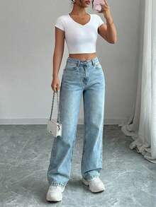 SHEIN PETITE Zipper Fly Wide Leg Jeans - Light Wash - View 1