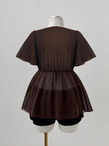 Sunspun Áo kiểu nữ cỡ lớn mùa hè thêu hoa, cổ chữ V, thắt nơ phía trước, bèo nhún, tay ngắn, chất liệu chiffon. - màu nâu - Xem 2