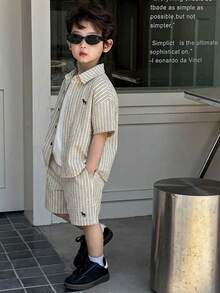 Dazy Kids 2pcs/Set Young Boy Striped Short Sleeve Button-Up Shirt And Shorts Casual Outfit Summer - Apricot - View 4