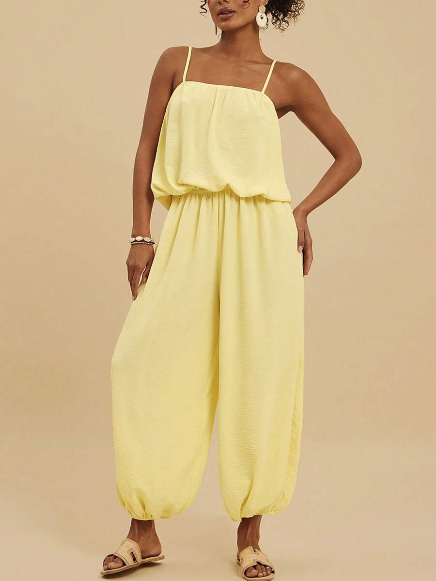 Travachic Bộ jumpsuit nữ dáng rộng không tay, thoải mái, thích hợp cho kỳ nghỉ năm 2026. - Vàng nhạt - Xem 1