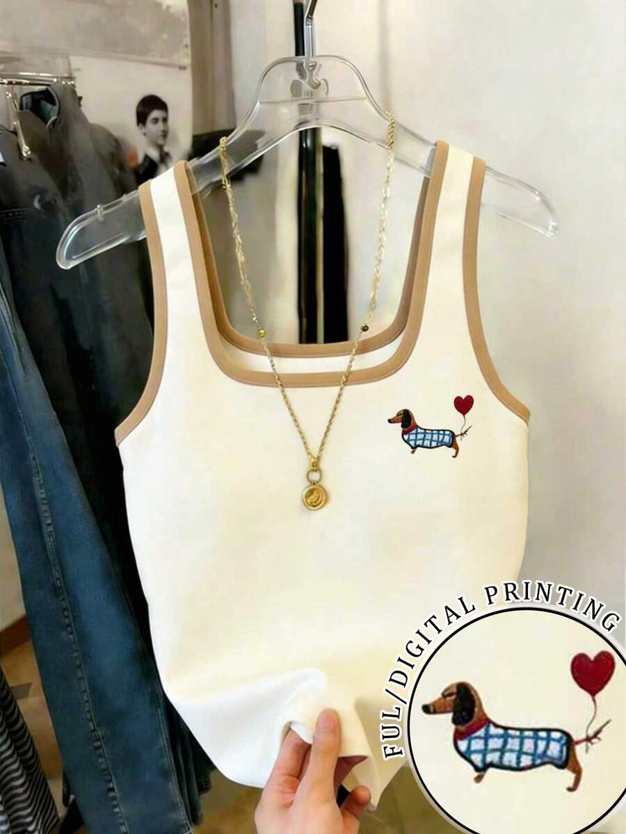 Resyla Contrast Color Dog Print Fitted Women Tank Top - Apricot - View 1