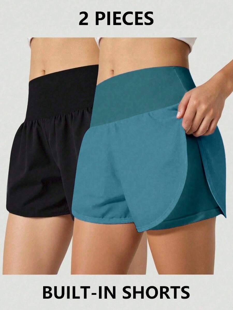 SHEIN 2条装少女休闲宽松舒适百搭高腰短裤，适合夏季跑步、运动、户外活动