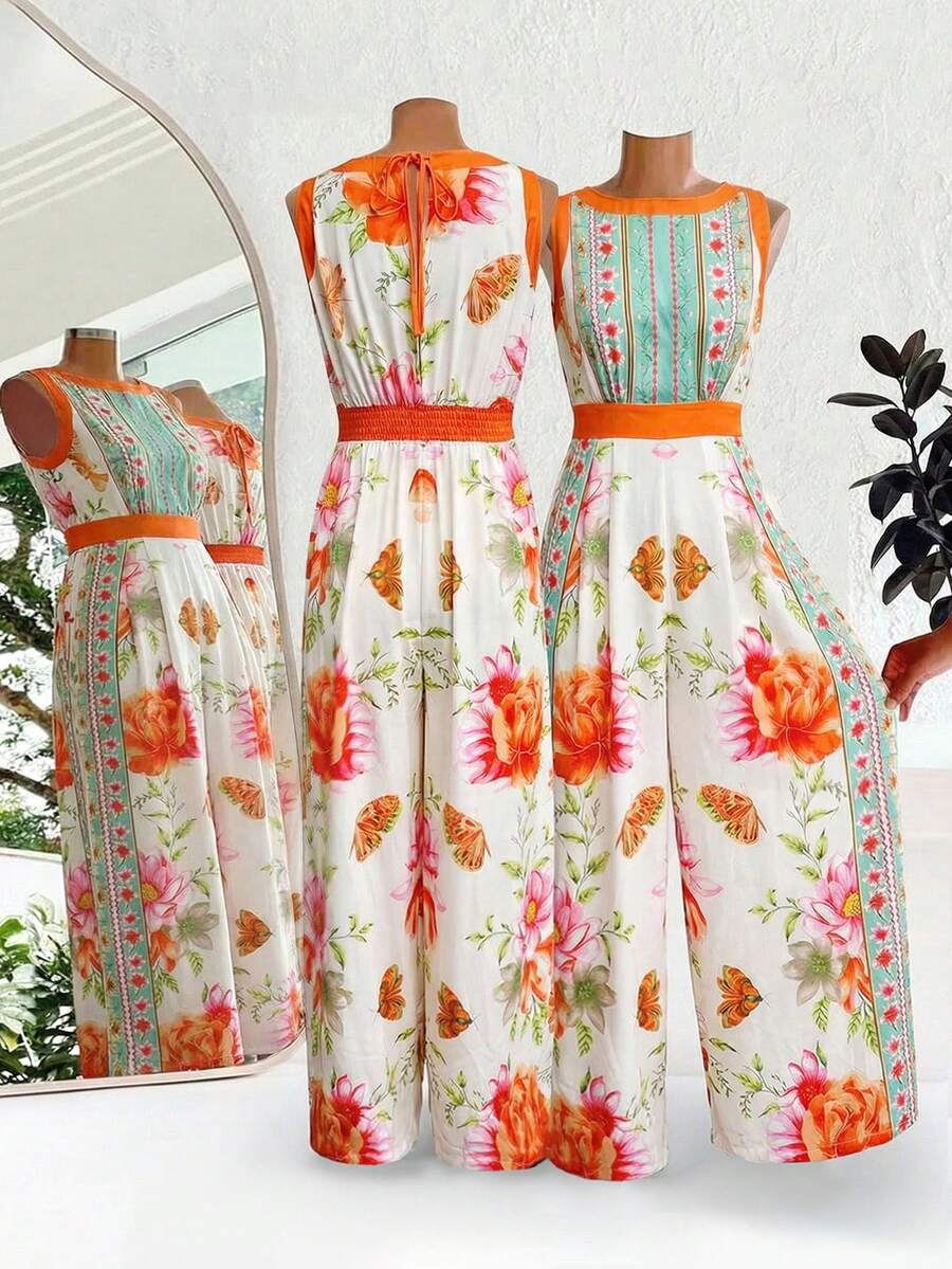 Ellevyn 女士优雅度假风圆领花卉蝴蝶印花开衩腰A字连体裤，适合度假、海滩、郊游、约会、通勤及多种场合。 - 彩色 - 查看 1