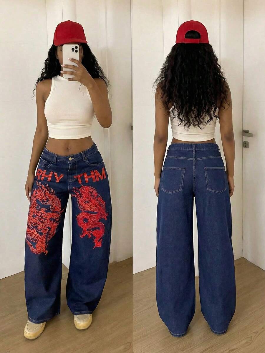 Flirla 女士时尚休闲刺绣阔腿喇叭牛仔裤 - 深色水洗藍 - 查看 1