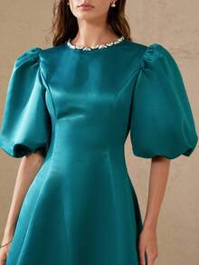 Aveloria Rosie Đầm midi xòe sang trọng, thanh lịch dành cho nữ, chất liệu satin, tay bồng, cổ tròn, phối đá lấp lánh, eo dây xích, thích hợp cho các buổi hẹn hò. - Màu xanh Cadet - Xem 1