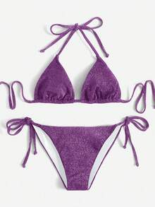 Swim Basics Solid Color Shiny Bikini For Beach Vacation - Purple - View 1