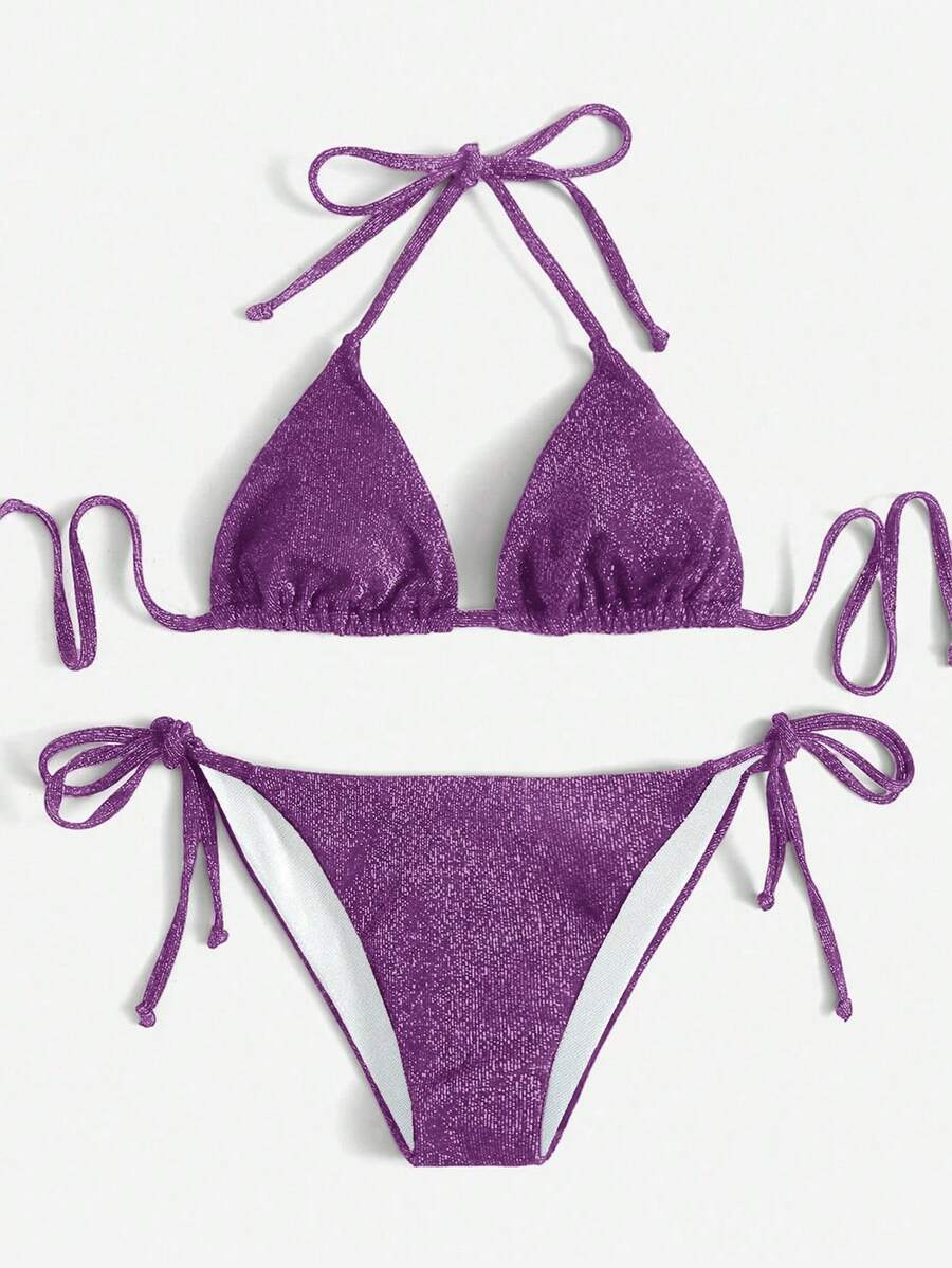 Swim Basics Solid Color Shiny Bikini For Beach Vacation - Purple - View 1