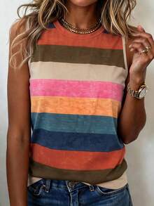 Camiseta de tirantes casual y versátil con cuello redondo y rayas para mujer - Multicolor - Ver 1