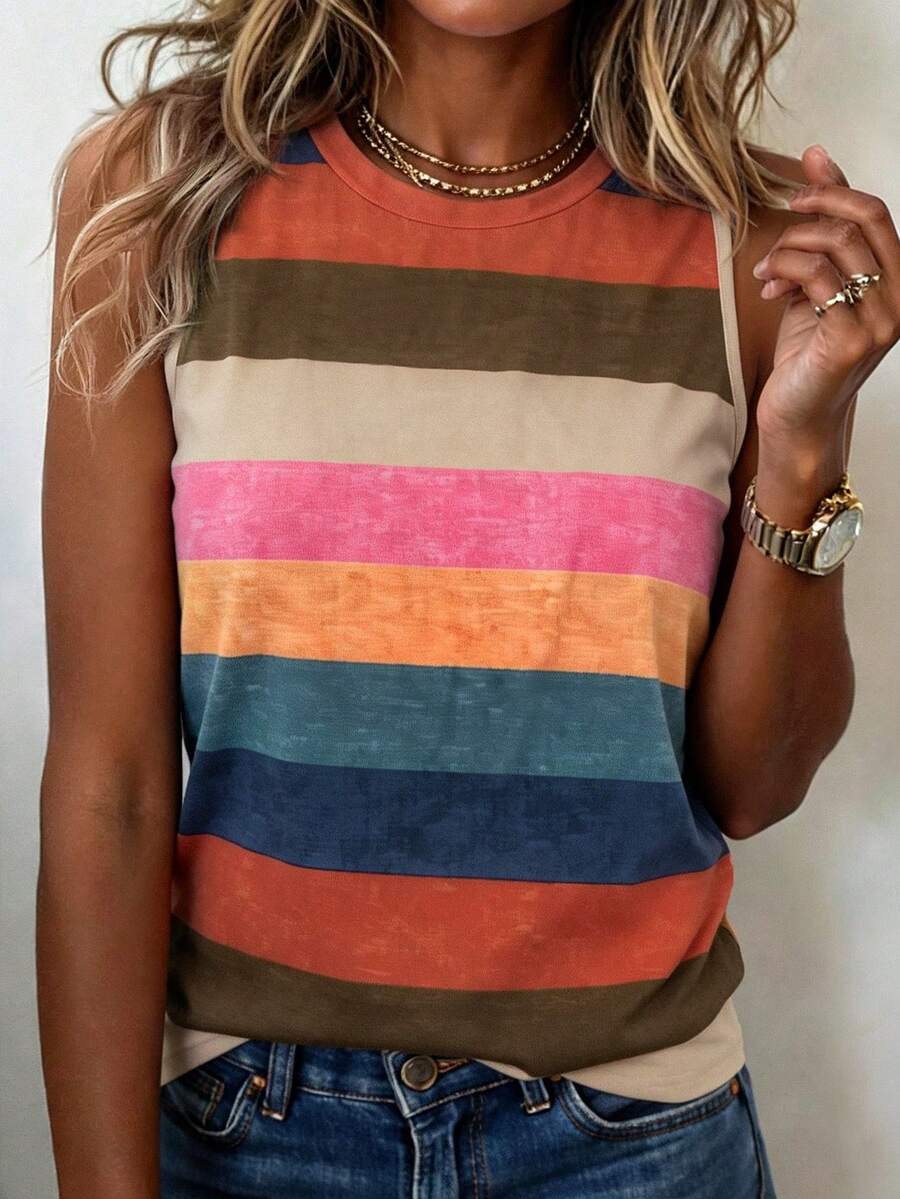 Camiseta de tirantes casual y versátil con cuello redondo y rayas para mujer - Multicolor - Ver 1
