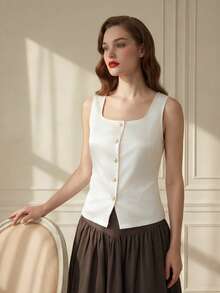 Suri Mira Áo khoác cardigan cổ vuông tối giản dành cho người đi làm, kiểu dáng thường ngày. - trắng - Xem 3