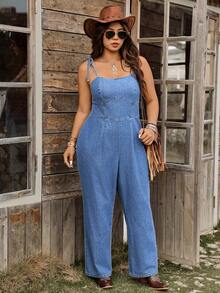 SHEIN Holidaya Quần yếm denim ống rộng dáng rộng thoải mái dành cho nữ cỡ lớn, thích hợp đi nghỉ mát. - Rửa tối - Xem 1