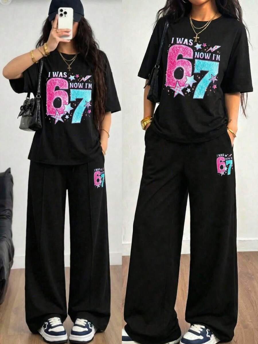SHEIN 少女休闲日常黑色针织数字67印花圆领宽松落肩褶皱简约套头卫衣和短裤两件套 - 黑色 - 查看 1