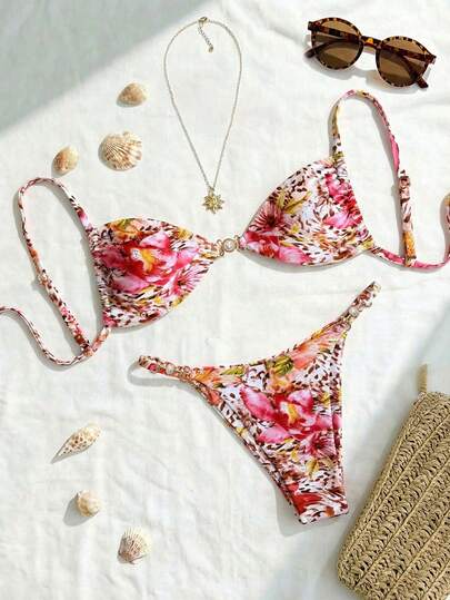 Swim SXY Nuevo bikini de 2 piezas con estampado digital sexy, primavera/verano 2026. Incluye relleno extraíble, tirantes ajustables, lazos laterales, material de alta calidad, diseño de tela de doble cara, accesorio de alta gama en el lateral, shorts sexy, traje de baño casual y de moda para vacaciones en la playa.