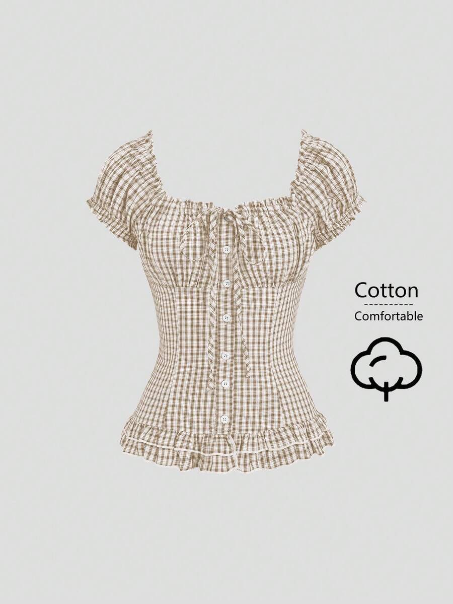 SHEIN Sweetro Women's Plaid Tie-Waist Ruffle Hem Short Sleeve Blouse - Apricot - View 1