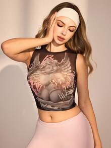 Medorelle Áo croptop không tay bằng vải lưới xuyên thấu - màu đen - Xem 1