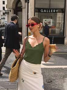 SHEIN Frenchy Regata listrada fina com acabamento em vieira - Verde Azeitona - Ver 5