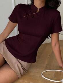 Aloruh 杏色新款中式立领短袖束腰衬衫，春夏新款女装 - 酒紅色 - 查看 4