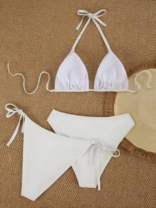 Swim Vcay Bộ bikini 3 mảnh màu trơn gợi cảm, thanh lịch dành cho nữ cỡ lớn, kiểu dáng bohemian, cổ yếm, tam giác, thích hợp cho kỳ nghỉ hè ở bãi biển. - trắng - Xem 2
