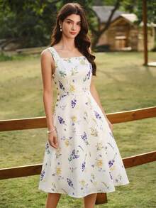 Vestido amarillo elegante vintage retro para mujer con bolsillos y botones,estilo casual de los 90 para primavera,verano,picnic,playa y vacaciones - Albaricoque - Ver 4