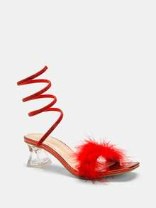 Dammode Glänsande Metalliska Röda Spiralrem Kristallprydd Spetsig Tå 5,5 cm/2,2 tum Högklackade Festsandaler, Vår Sommarkläder - Röd - Visa 3