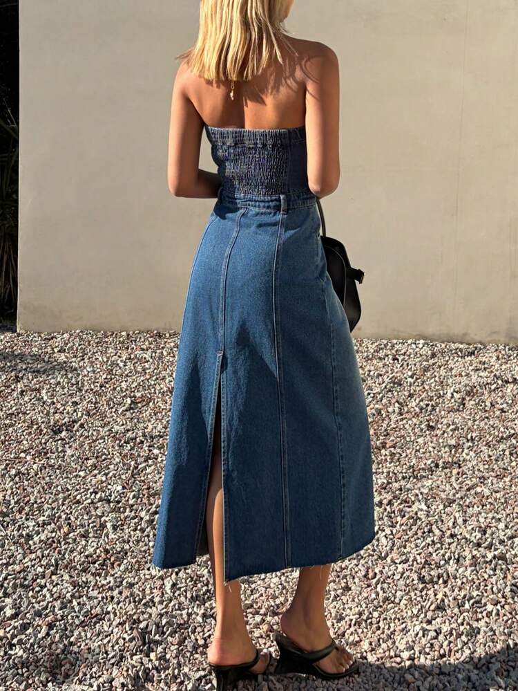 Women's Casual Washed White Denim Spaghetti Strap Split Hem Denim Dress, Summer Maxi Dress