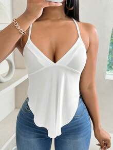 SHEIN PETITE 性感纯色露背吊带上衣，夏季 - 白色 - 查看 4