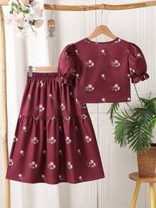 2pcs/Set Tween Girls Floral Print Petal Sleeve Shirt & Asymmetric Button Skirt, Comfortable For Vacation Or Daily Wear, Spring/Summer - Burgundy - View 2