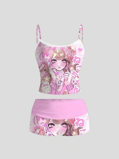 ROMWE Anime 动漫少女风 Y2K 坏女孩爱心图案吊带背心和短裤两件套（女款）