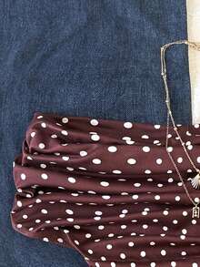 SHEIN 少女休闲简约舒适露肩波点T恤 - 卡其色 - 查看 3