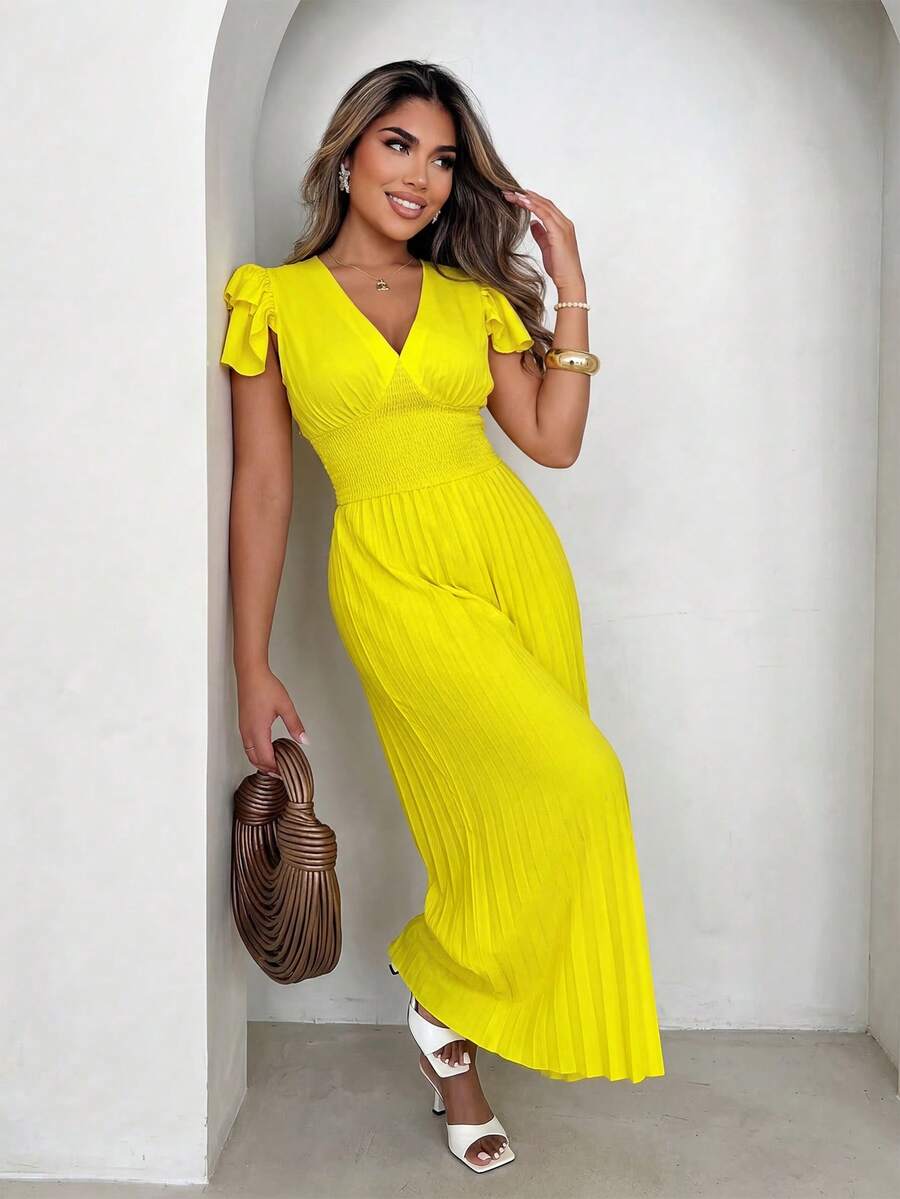 Xyvia Women's Elegant Refined V-Neck Sleeveless Cinched Waist Pleated Jumpsuit - Yellow - View 1