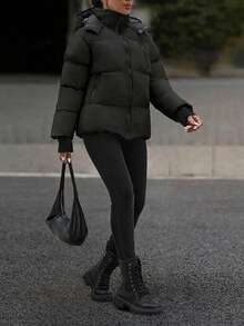 EURMUSE Hooded Zipper Detailed Contrast Rib Cuff Quilted Women's Casual Puffer Down Jacket - Black - View 4