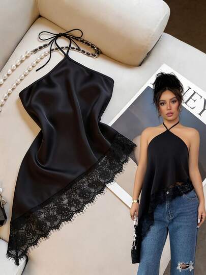 GlowEve Nuevo top de verano para mujer con cuello halter, espalda descubierta y encaje, blusa ajustado sin mangas sexy, adecuado para fiestas, cócteles, ocasiones formales y casual de negocios, conjunto de playa para mujer