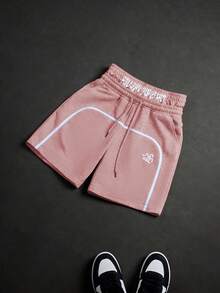PAVTROS Men's Letter Print Drawstring Waist Shorts - Pink - View 3