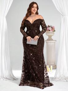Coutiva Plus Size Women's Off Shoulder Sequin Luxurious Formal Evening Gown (Heavy Embellishment) - Brown - View 6