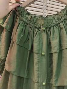 Franclia Áo kiểu nữ màu xanh ô liu, cài cúc, viền bèo nhún, dáng rộng. - xanh quân đội - Xem 3