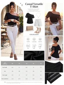 Elenzga Áo thun nữ cỡ lớn chất liệu vải dệt kim co giãn, ôm sát, cổ lệch vai, phối lưới, thích hợp mặc đi làm và hàng ngày, mùa xuân/hè. - màu đen - Xem 2