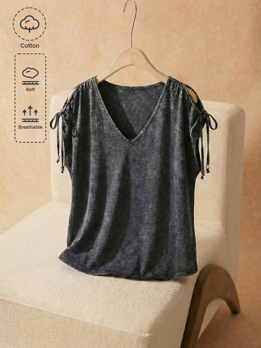 Elaquor Áo thun nữ cỡ lớn cổ chữ V thiết kế xoắn, kiểu dáng thường ngày đa năng. - màu đen - Xem 1