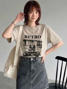 Dazy-Less Loose Fit Short Sleeve T-Shirt With People And Letter Prints Summer,Graphic Tees Preppy Tops - Khaki - View 9